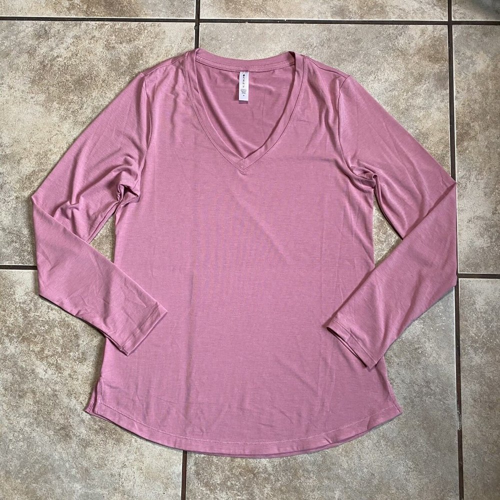 Athleta Shirt Womens Medium Pink V Neck Long Sleeve Tunic Top Drop Cut V Neck